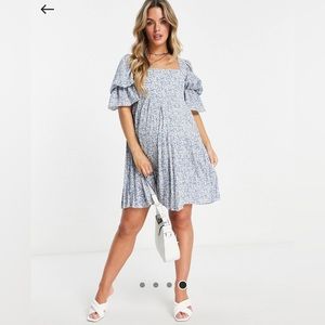 ASOS Missguided Maternity mini dress with puff sleeve in blue micro floral